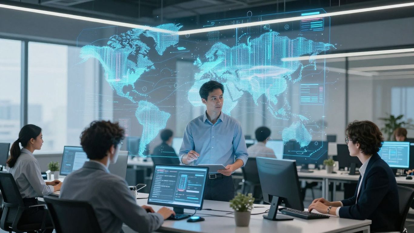 Professionnels utilisant des interfaces IA dans une entreprise moderne
