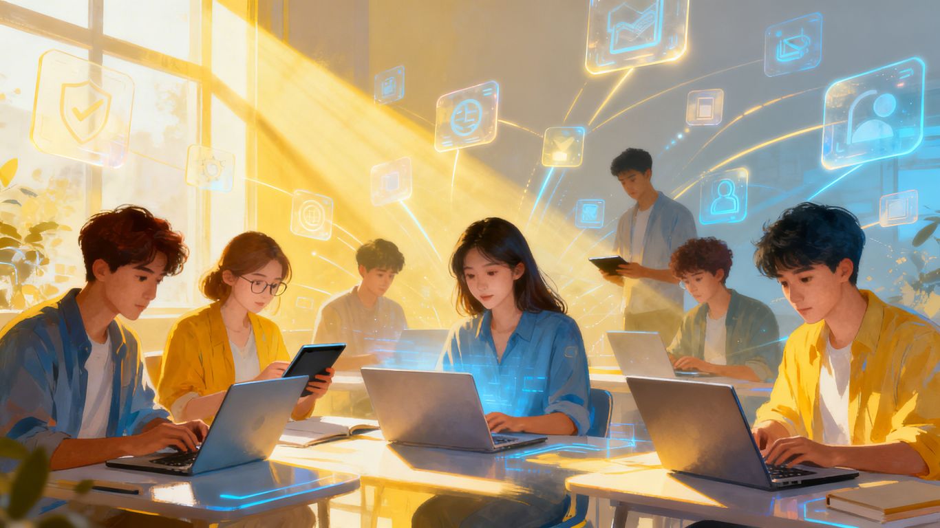 People learning online with laptops and tablets.