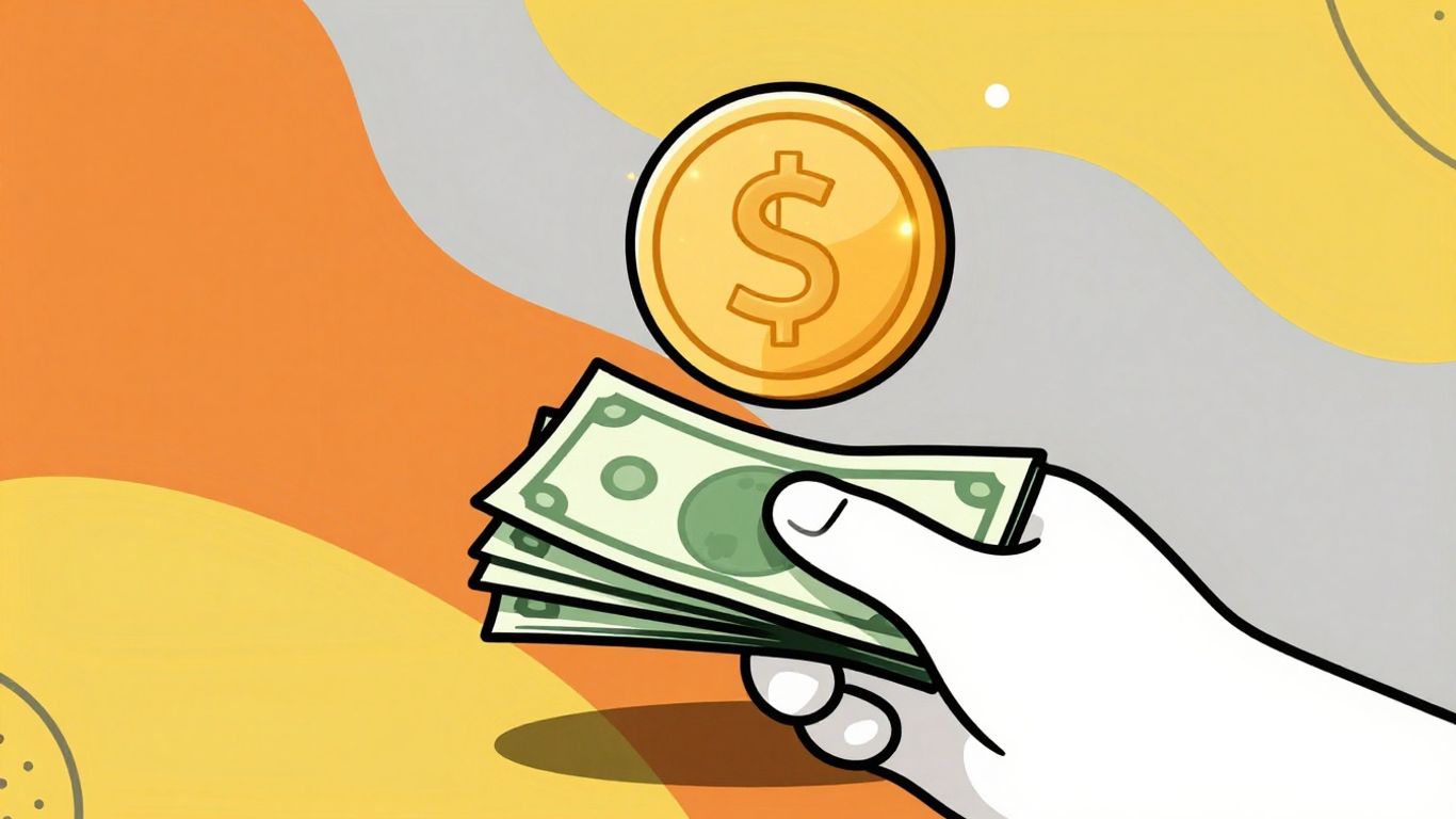 Cartoon hand holding cash and a glowing coin.