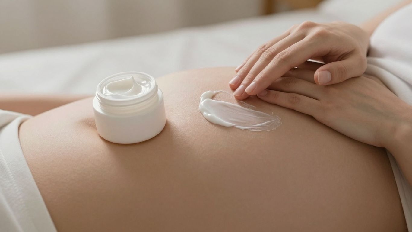 Mujer embarazada aplicando crema en su vientre.