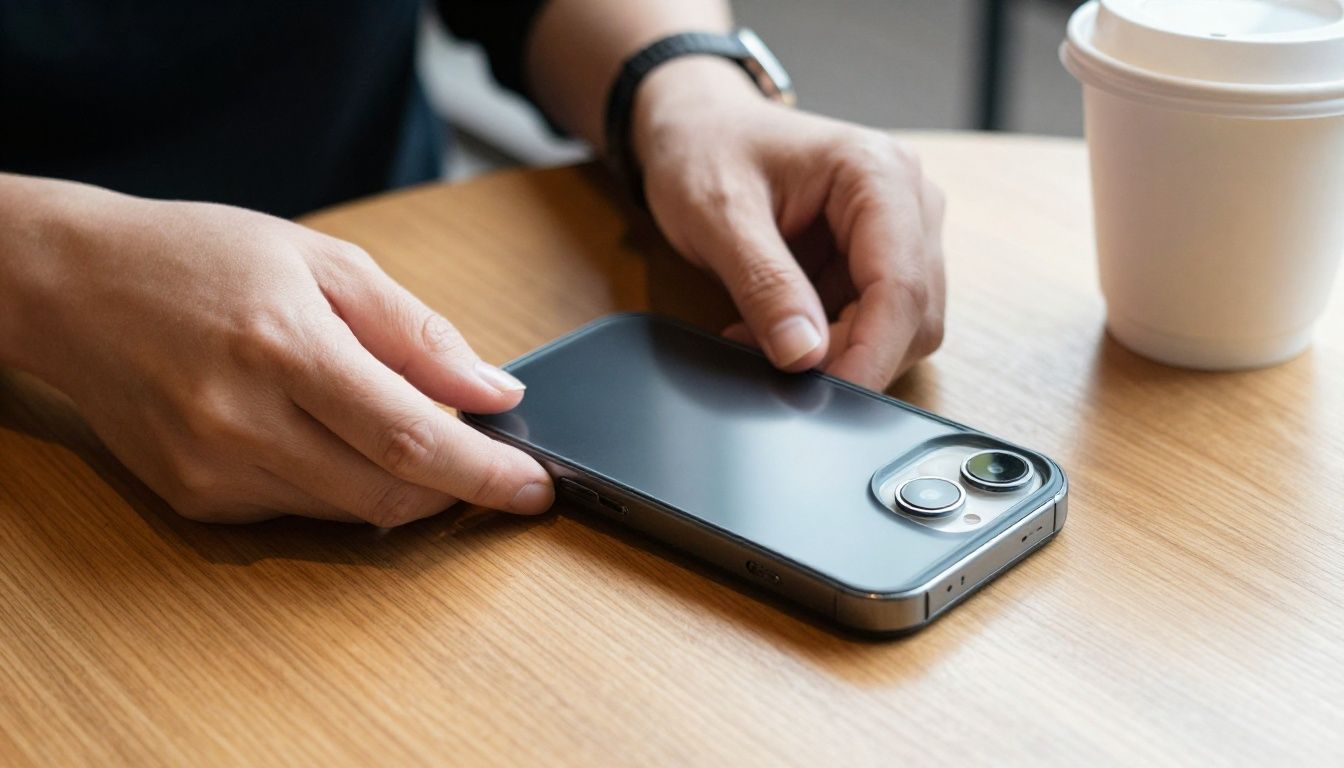 A person in a cafe carefully placing their iPhone 16, protected by a slim case, onto a wooden table next to a coffee cup.
