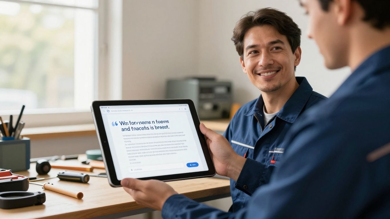 Field service technician using digital quote software on a tablet.