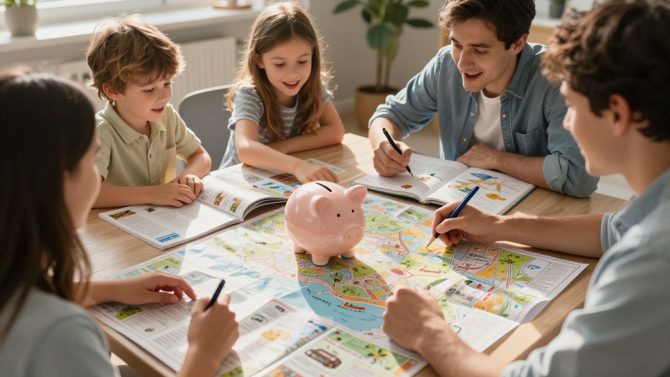 Familia planeando vacaciones con alcancía y mapas.