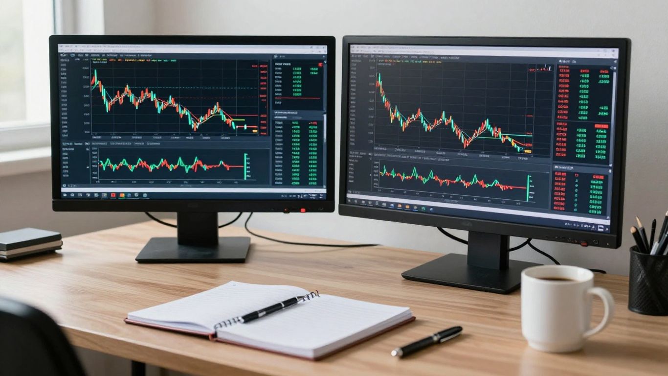 Futures trading desk with monitors and notebook