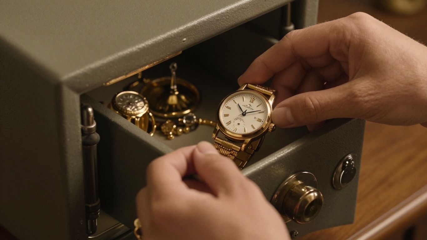 Caja fuerte con joyas y reloj de valor.