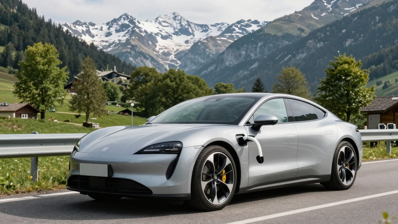Elektroauto auf Schweizer Bergstraße mit schneebedeckten Gipfeln.