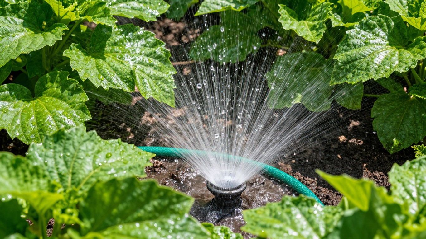 Garten mit Perlschlauch und Tropfbewässerungssystem