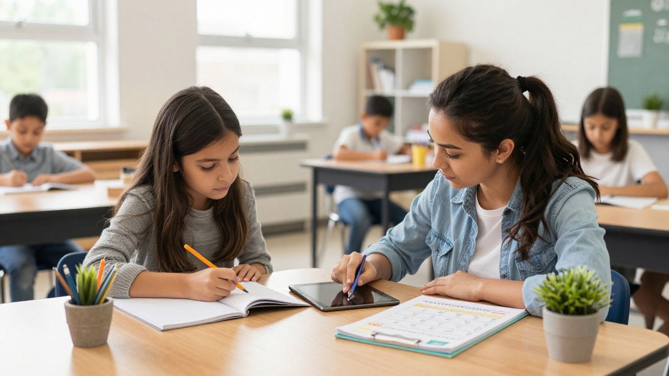 Teacher and family reviewing school updates together