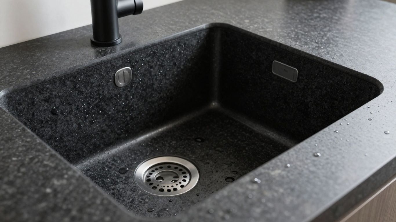 Stylish dark granite kitchen sink with water droplets.