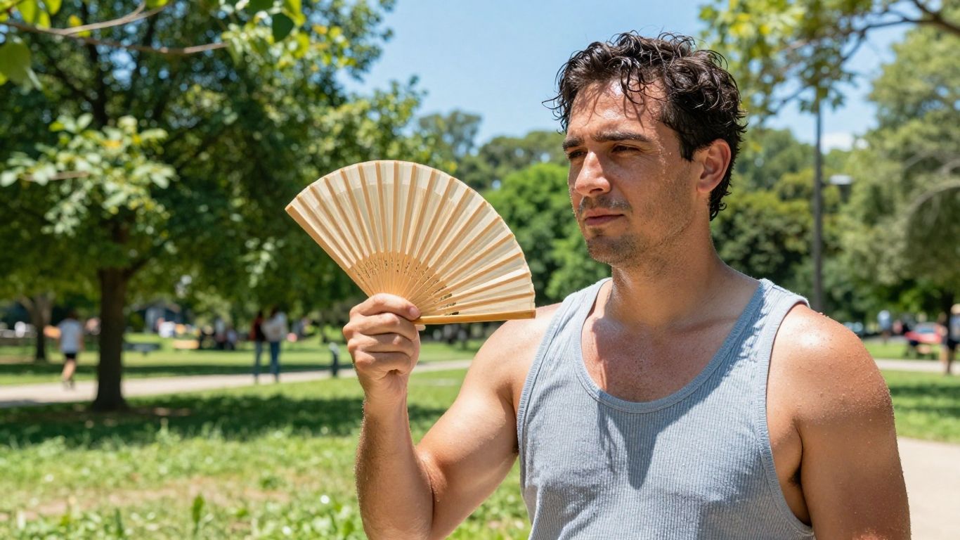 Mensch schwitzt in der Sonne und benutzt einen Handfächer.