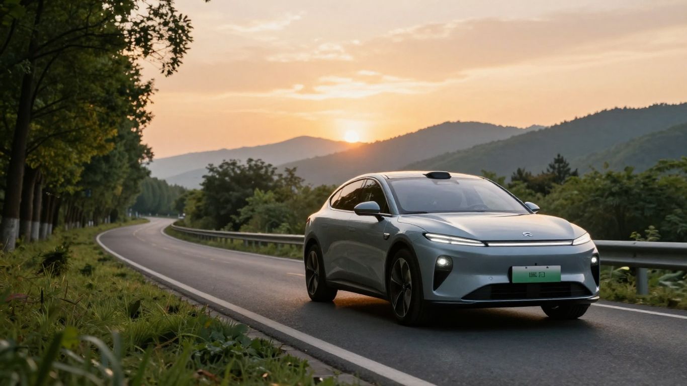 Elektroauto fährt auf einer Straße bei Sonnenuntergang.
