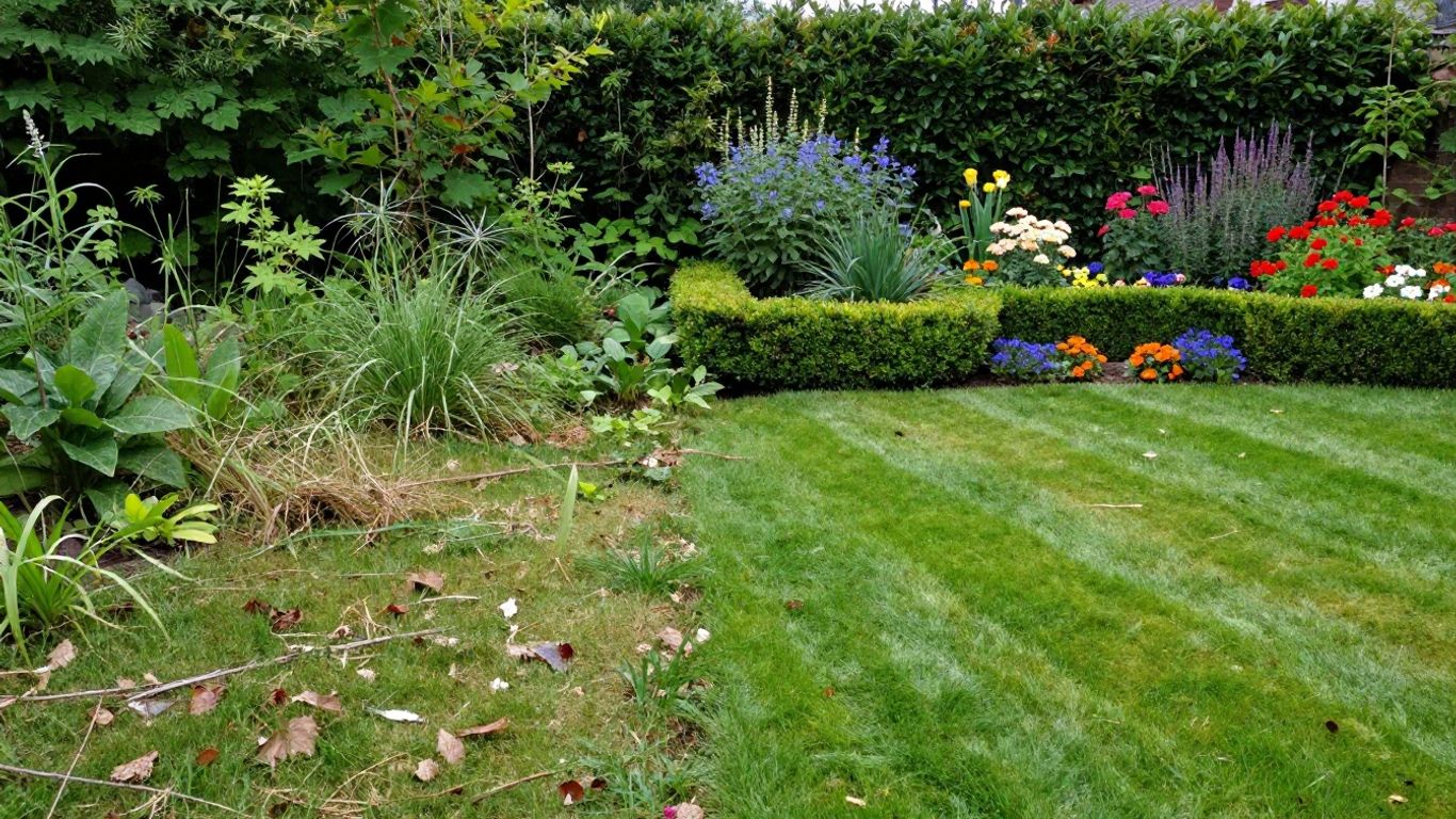 Overgrown yard versus beautiful garden comparison.