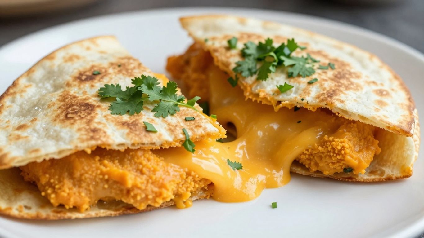 Sweet potato hummus quesadilla with melted cheese and cilantro.