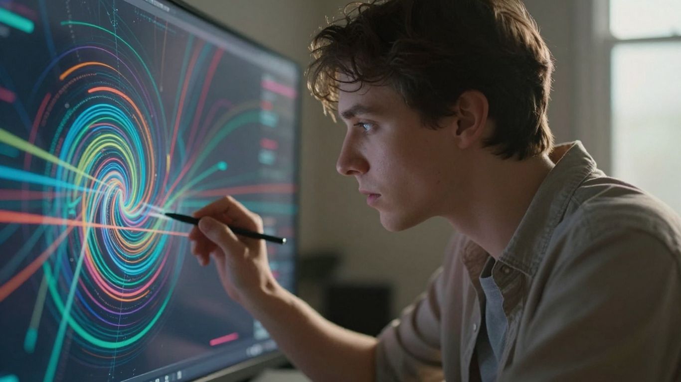 Person learning with abstract digital market visualization.