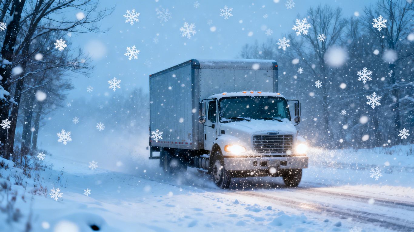 Moving truck driving through a snowstorm.