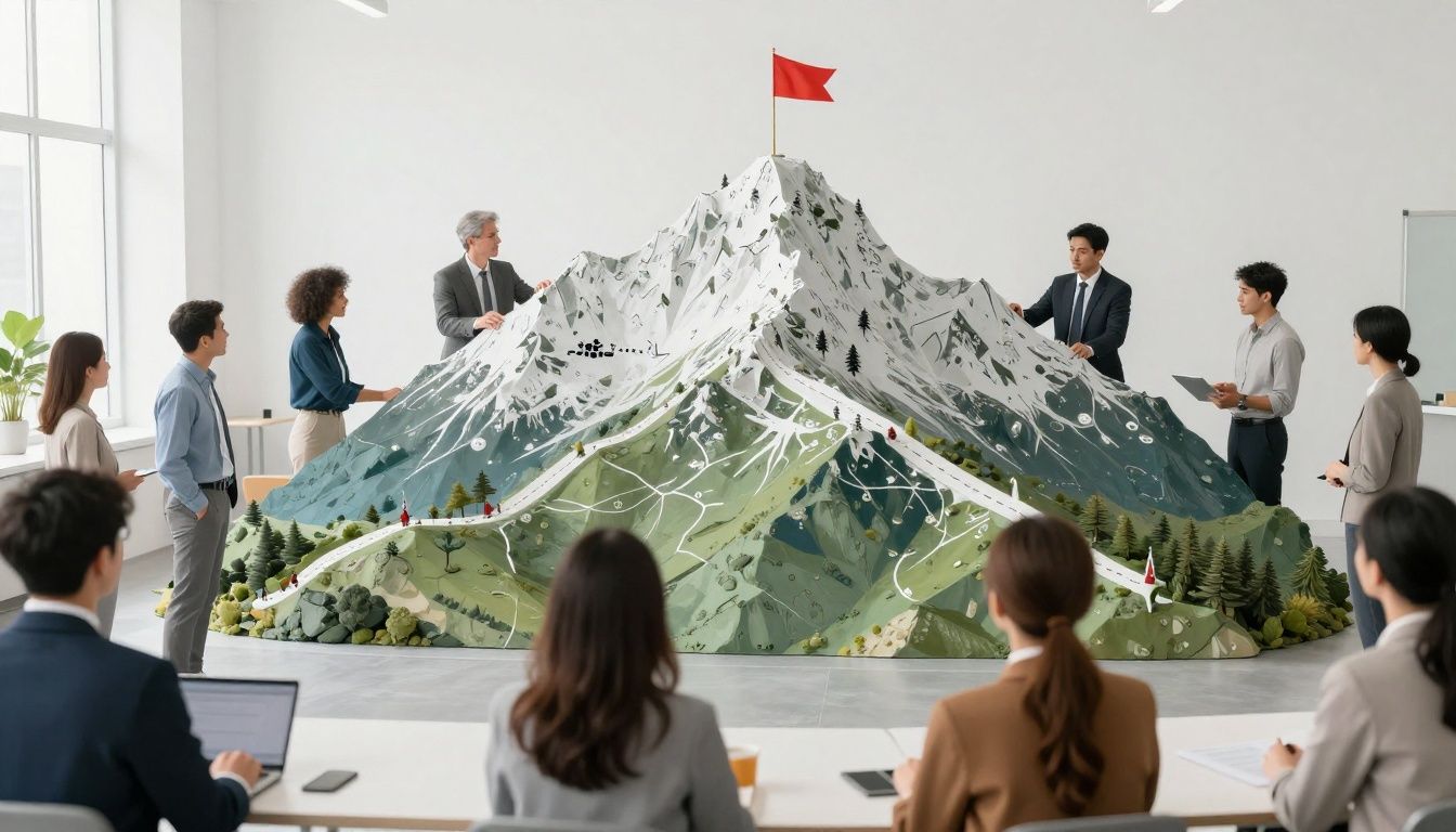 A diverse group of driven professionals turning a large mountain-shaped goal map into clear stepping stones on a bright path, realistic modern workspace, no text or letters