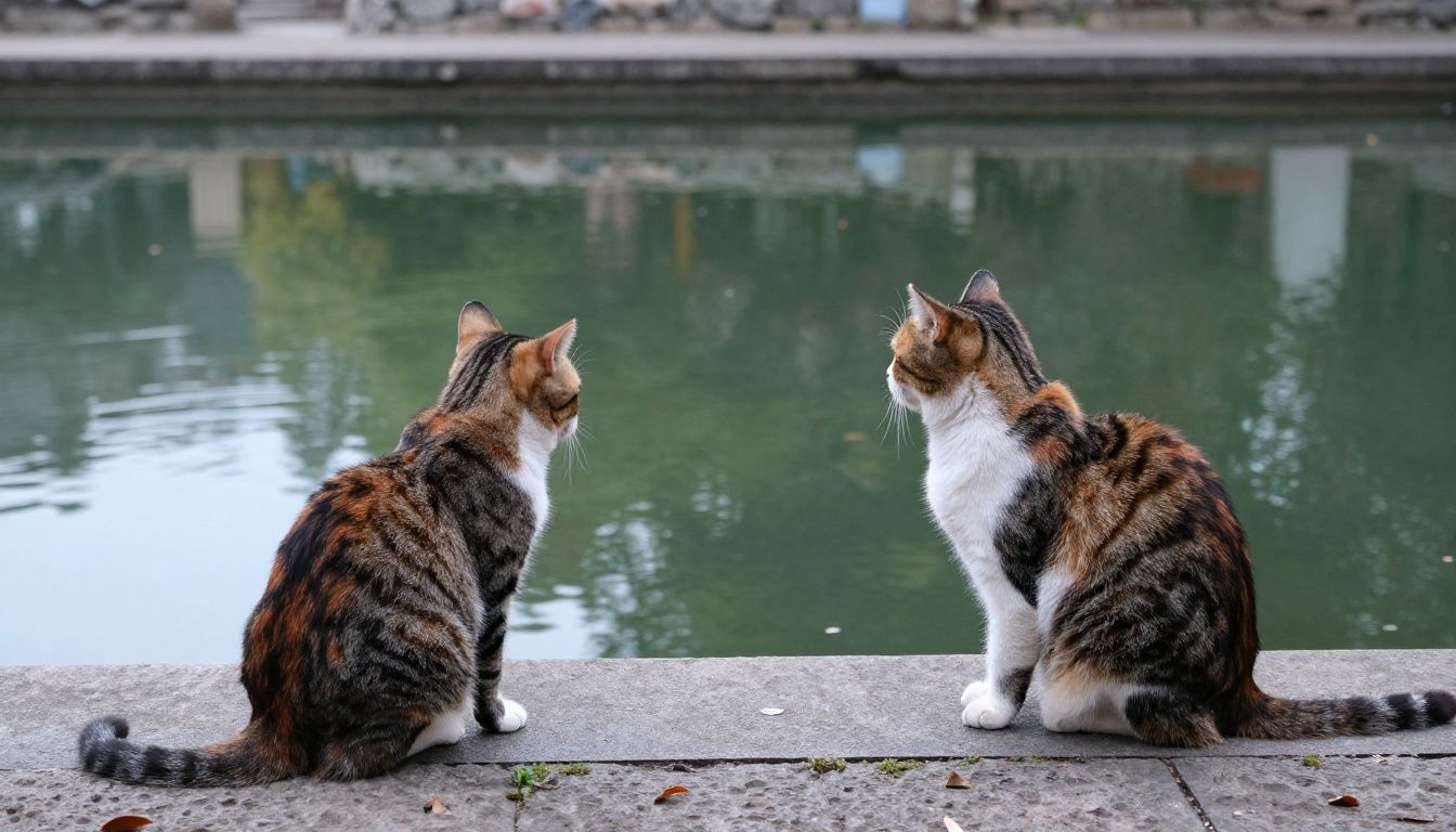 A calm environment with two cats observing each other from a distance