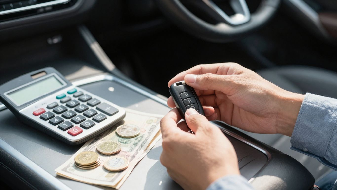 Car keys, calculator, and money for car finance.