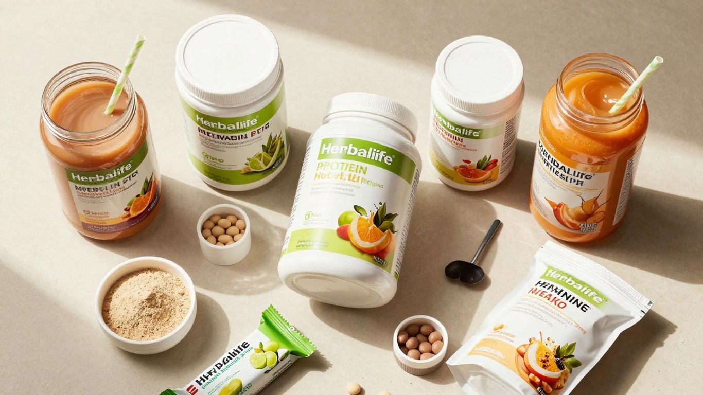 Herbalife nutrition products arranged on a surface.
