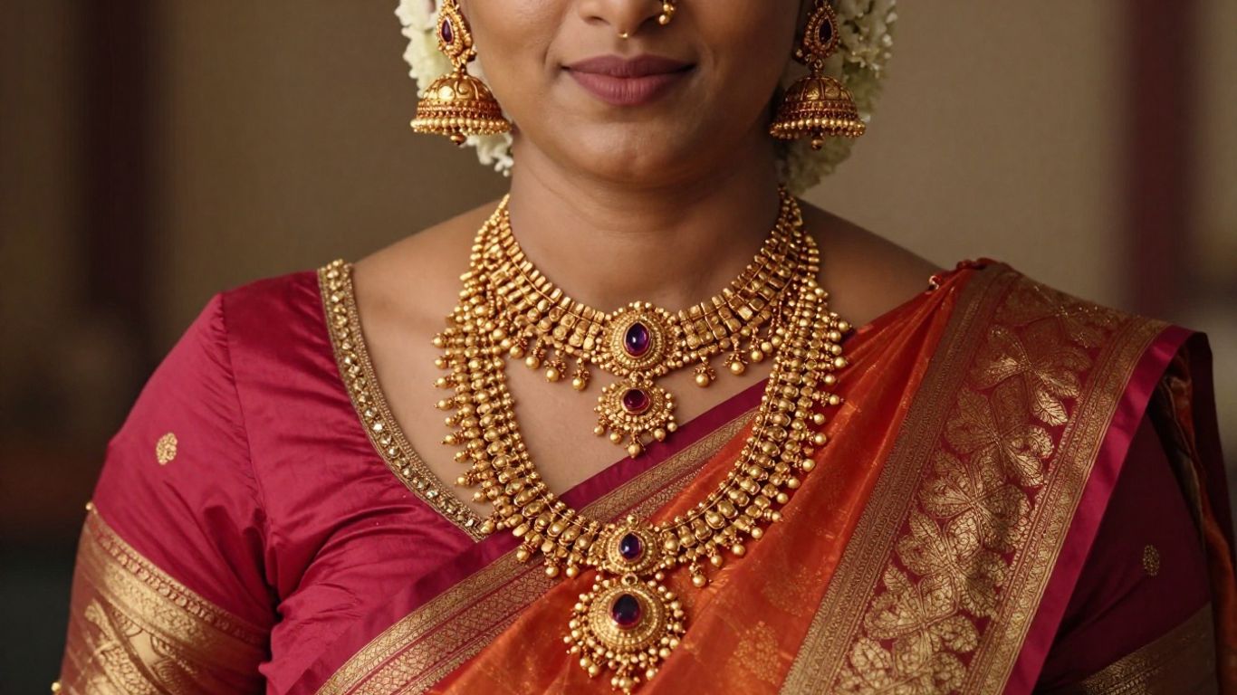 Traditional bride wearing temple jewellery with a saree
