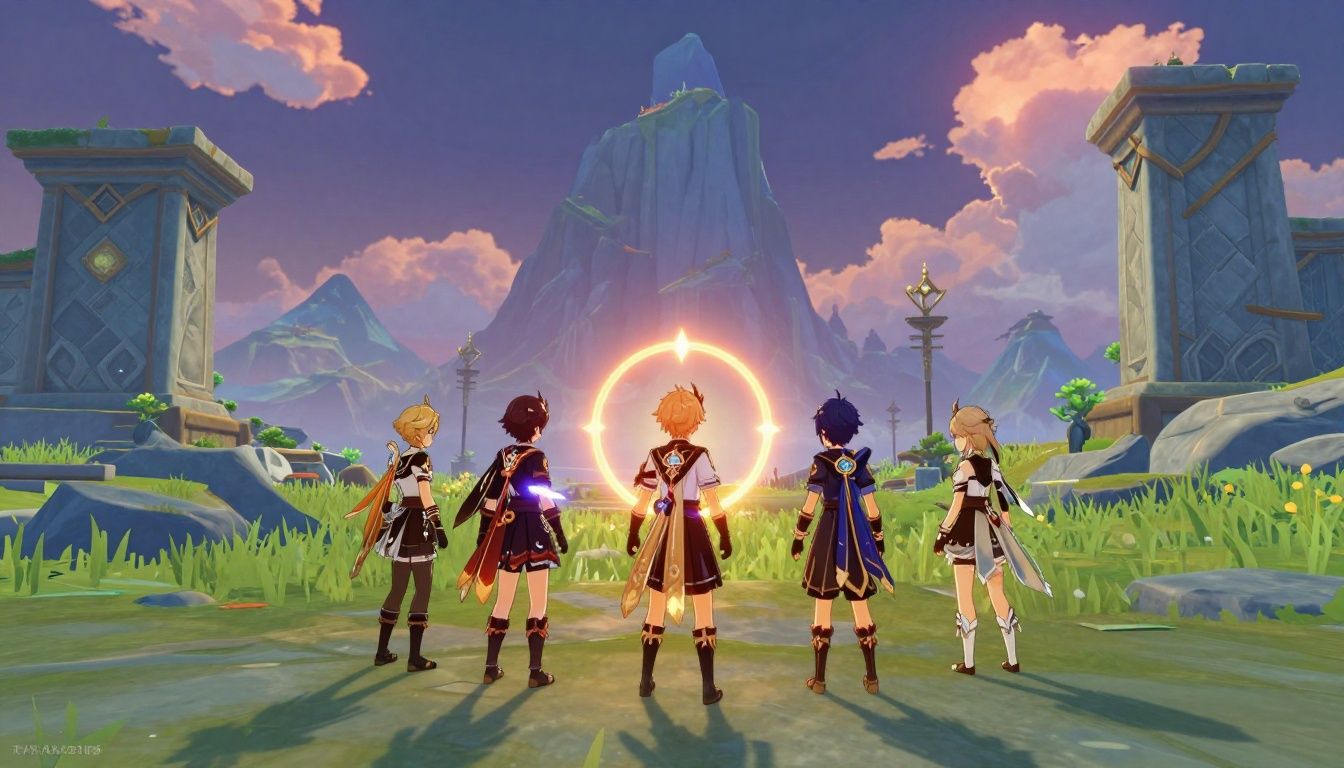 Equipe de aventureiros explorando uma paisagem fantástica de Teyvat em Genshin Impact, com montanhas, ruínas antigas e efeitos elementais coloridos ao entardecer