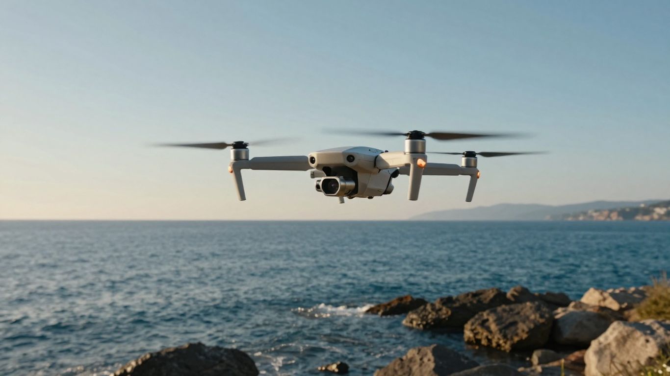 Compact drone hovering above coastal landscape