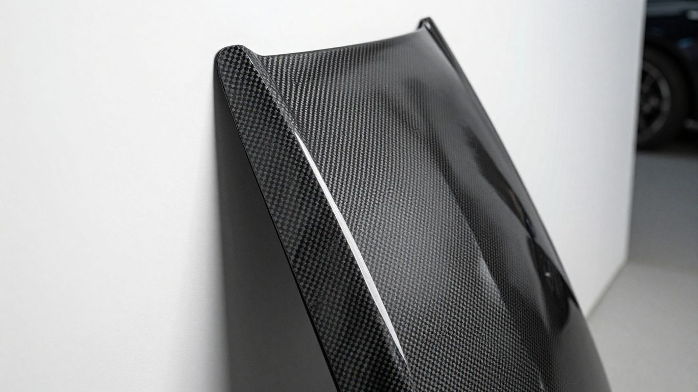 A carbon fiber hood leaning against a wall