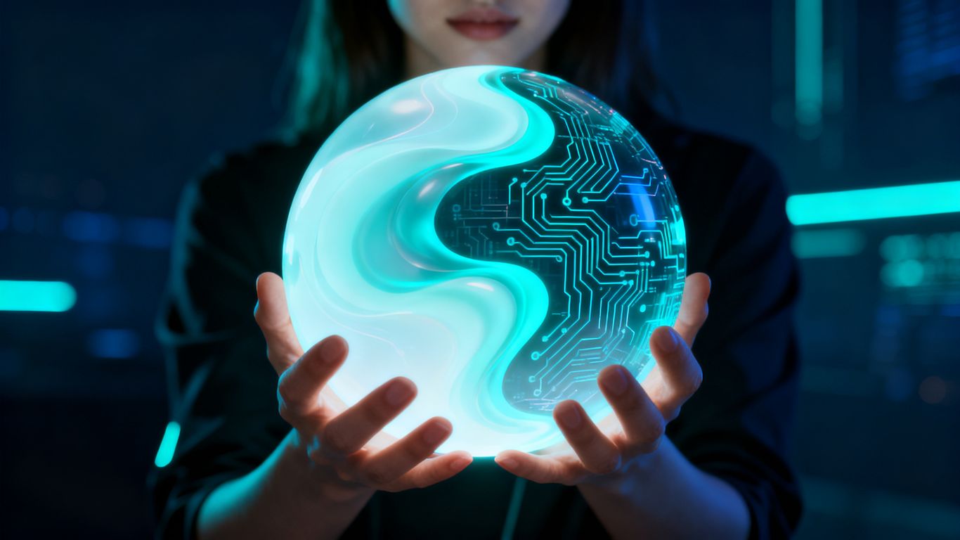 Woman's hands holding a glowing orb merging with digital network.