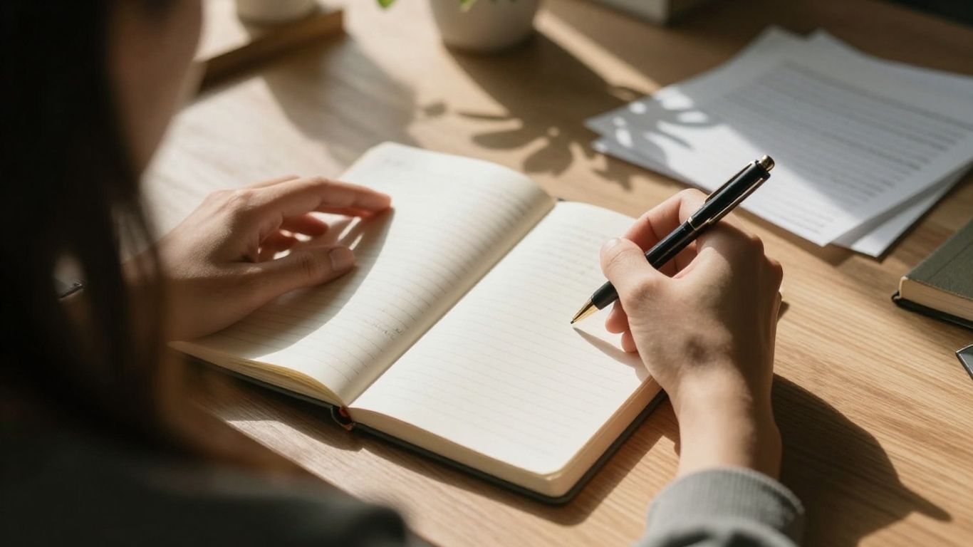Person reflecting in a journal with sunlight.