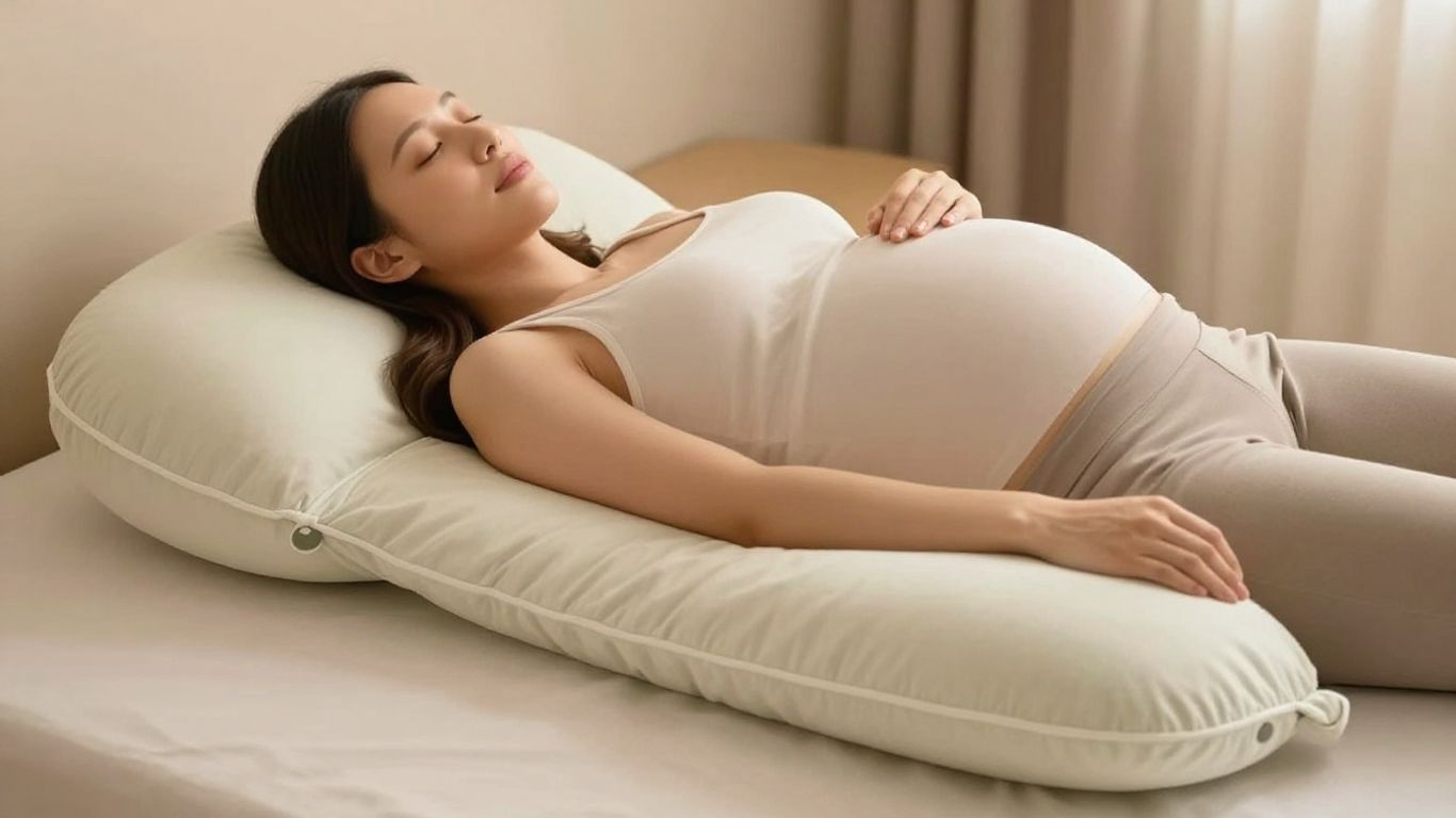 Pregnant woman sleeping on a U-shaped pregnancy pillow.
