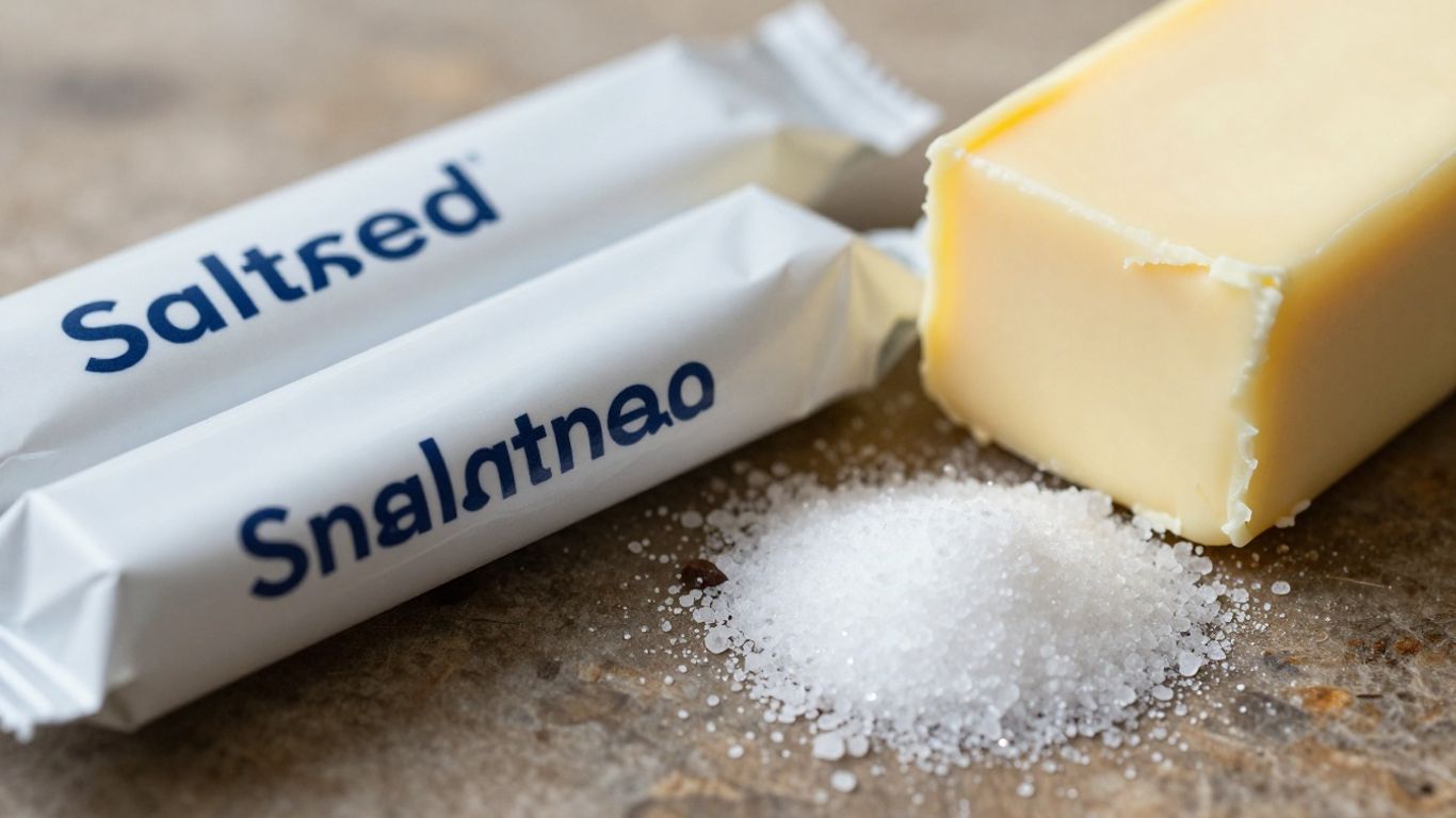 Salted and unsalted butter sticks with salt crystals.