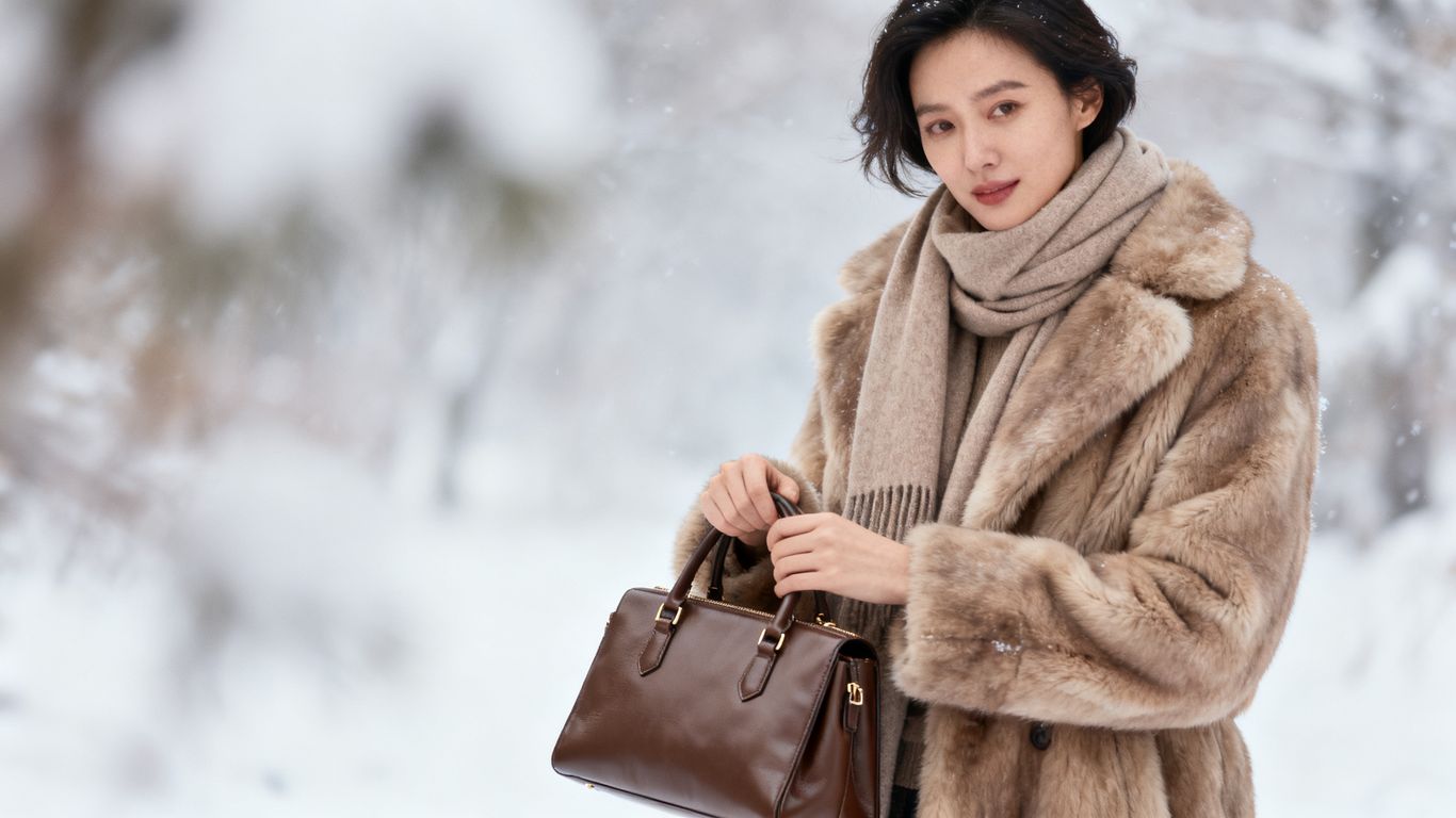 Elegant woman in winter coat and scarf.