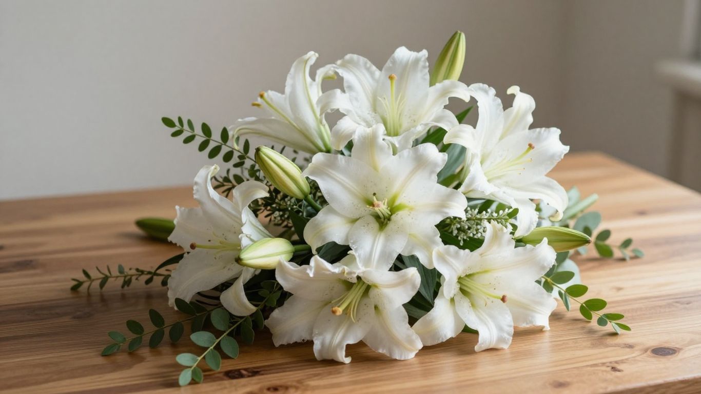 Sympathy flowers arrangement with lilies and greenery.