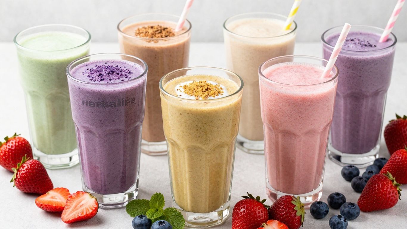 Colorful Herbalife shake flavors with fruits and powders.