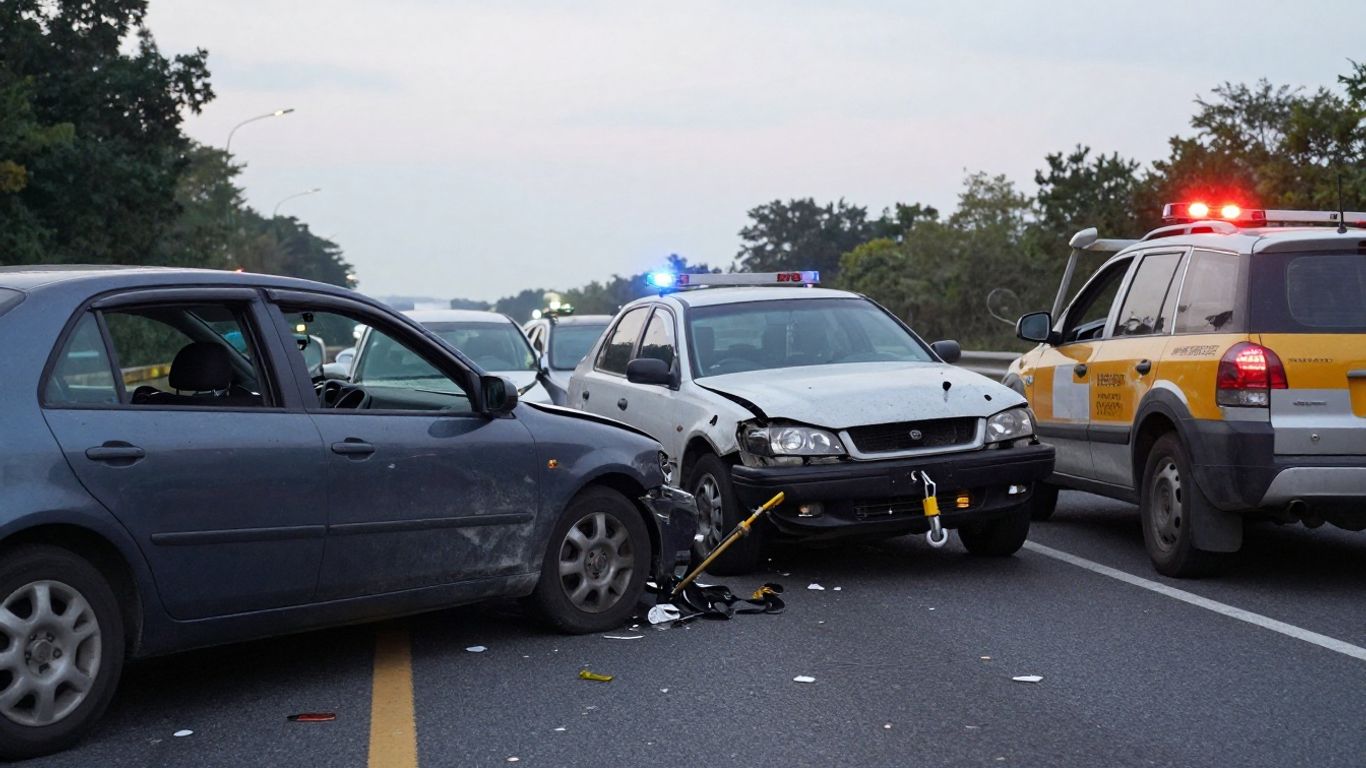 Multi-car accident scene with tow trucks.