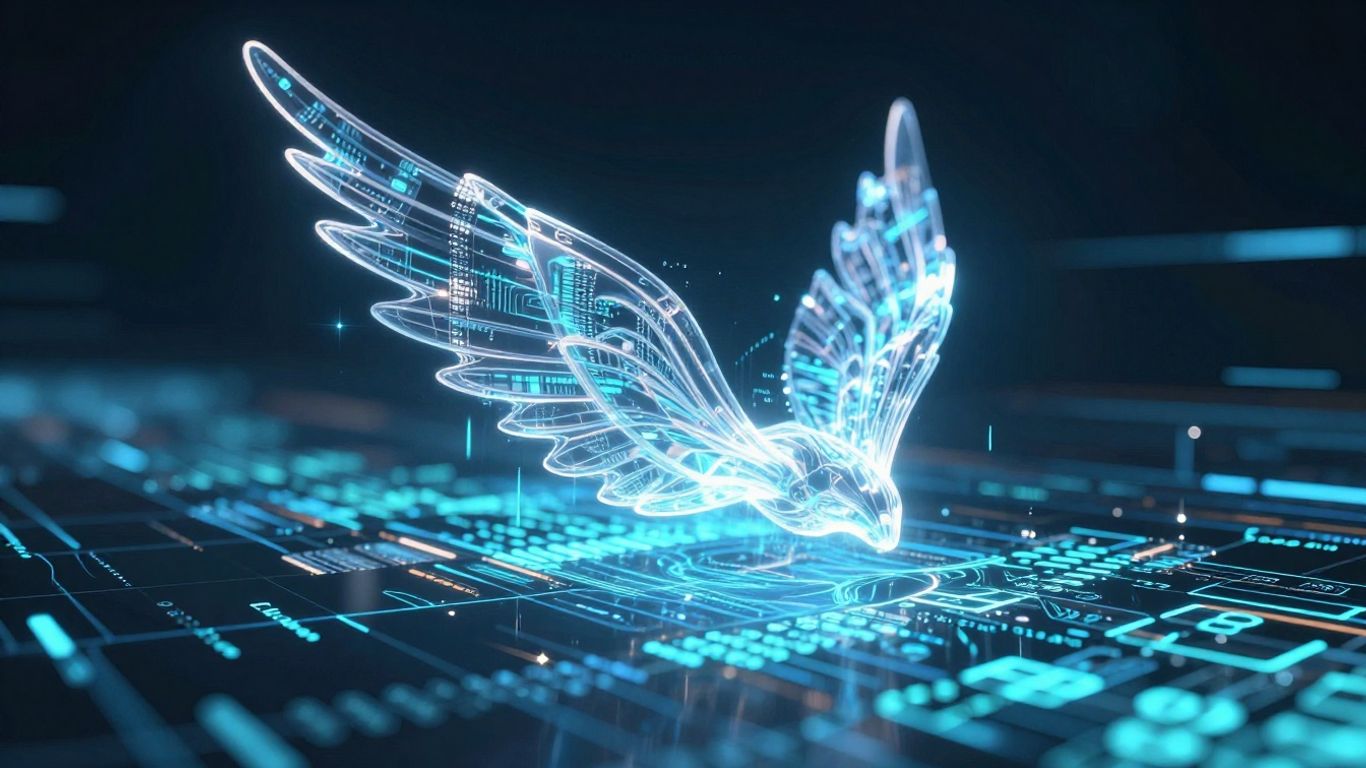 AI interface revealing code and a wing motif.