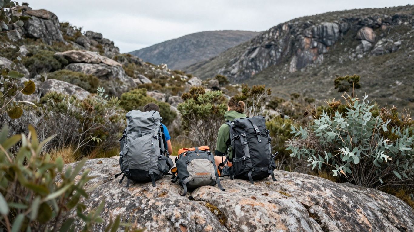 Hikers camping beside a rugged Tasmanian trail