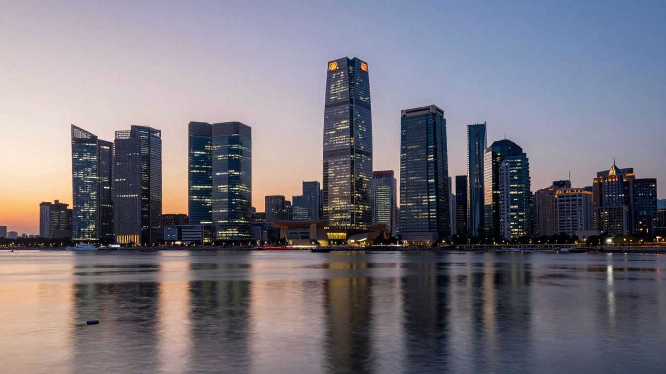 Modern cityscape with illuminated skyscrapers at dusk.