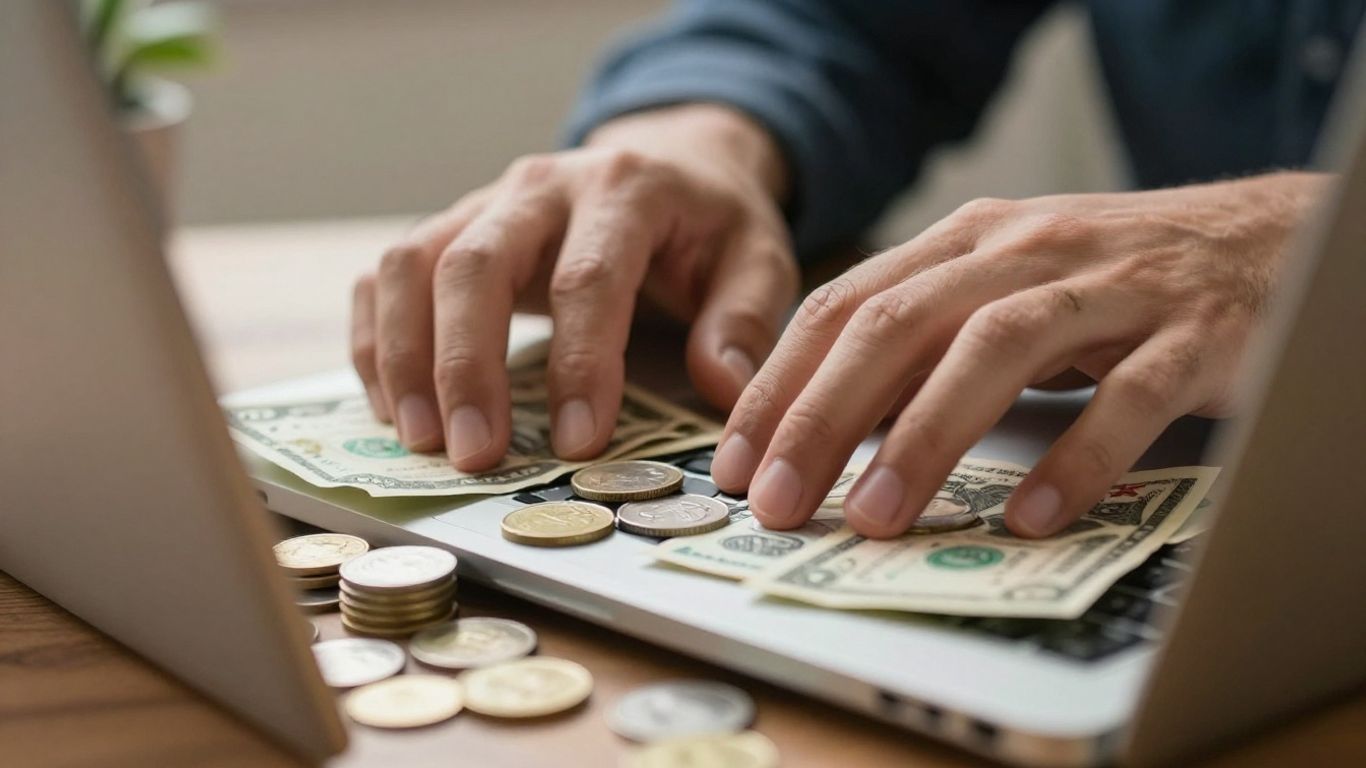 Hands typing on laptop with money scattered around.