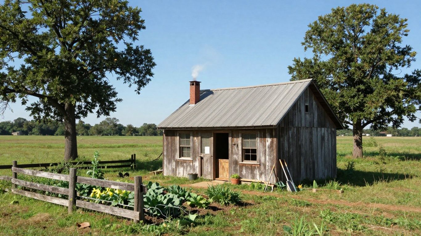 Off-grid cabin in Oklahoma with garden and fence.