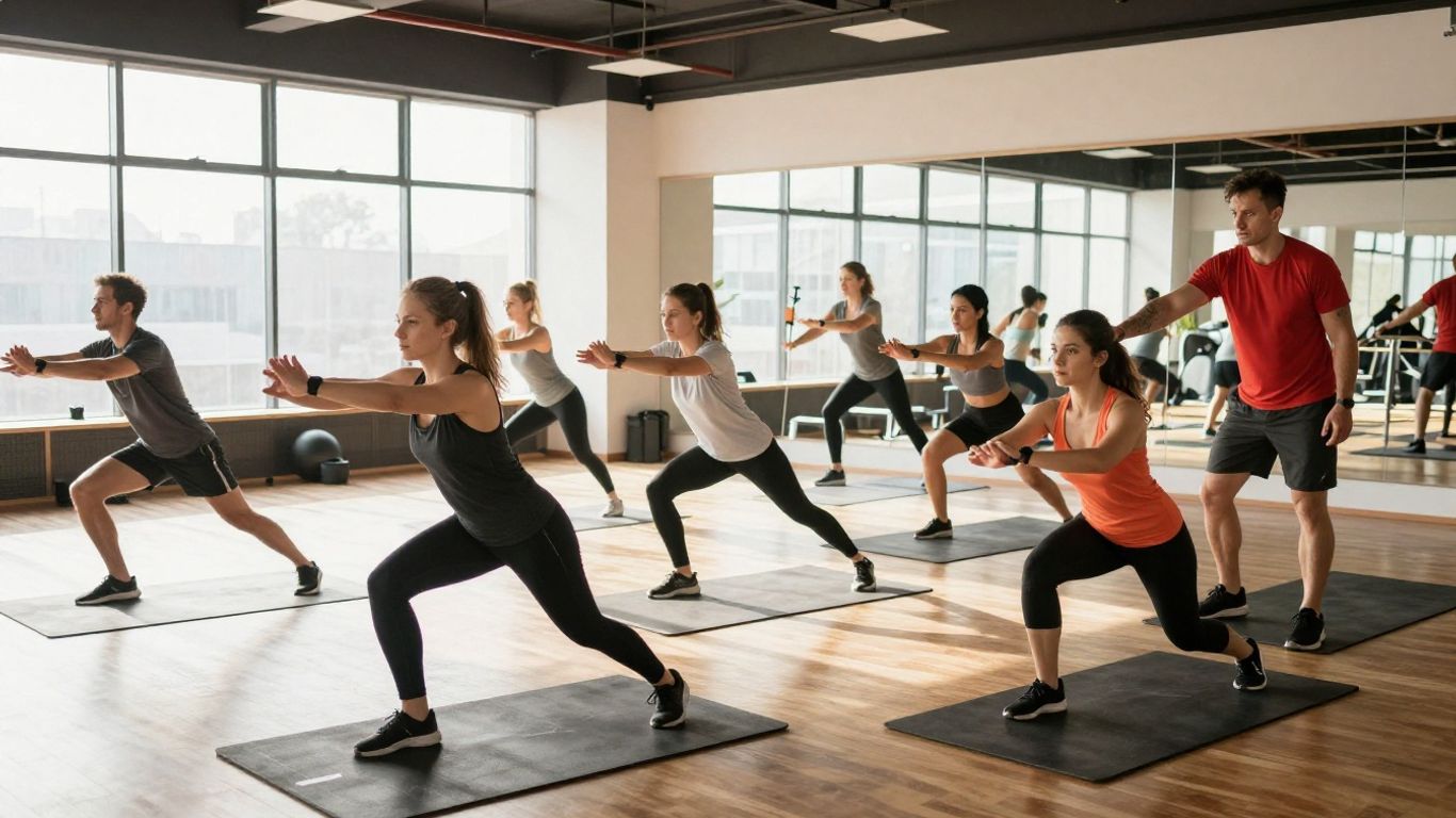 Group fitness training session with a coach in a gym.