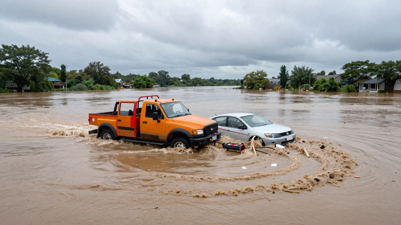 Tow truck rescuing car from floodwaters.