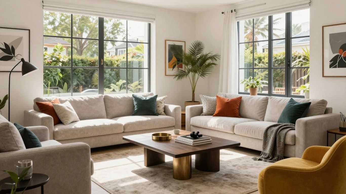Modern Airbnb living room with stylish furniture and decor.