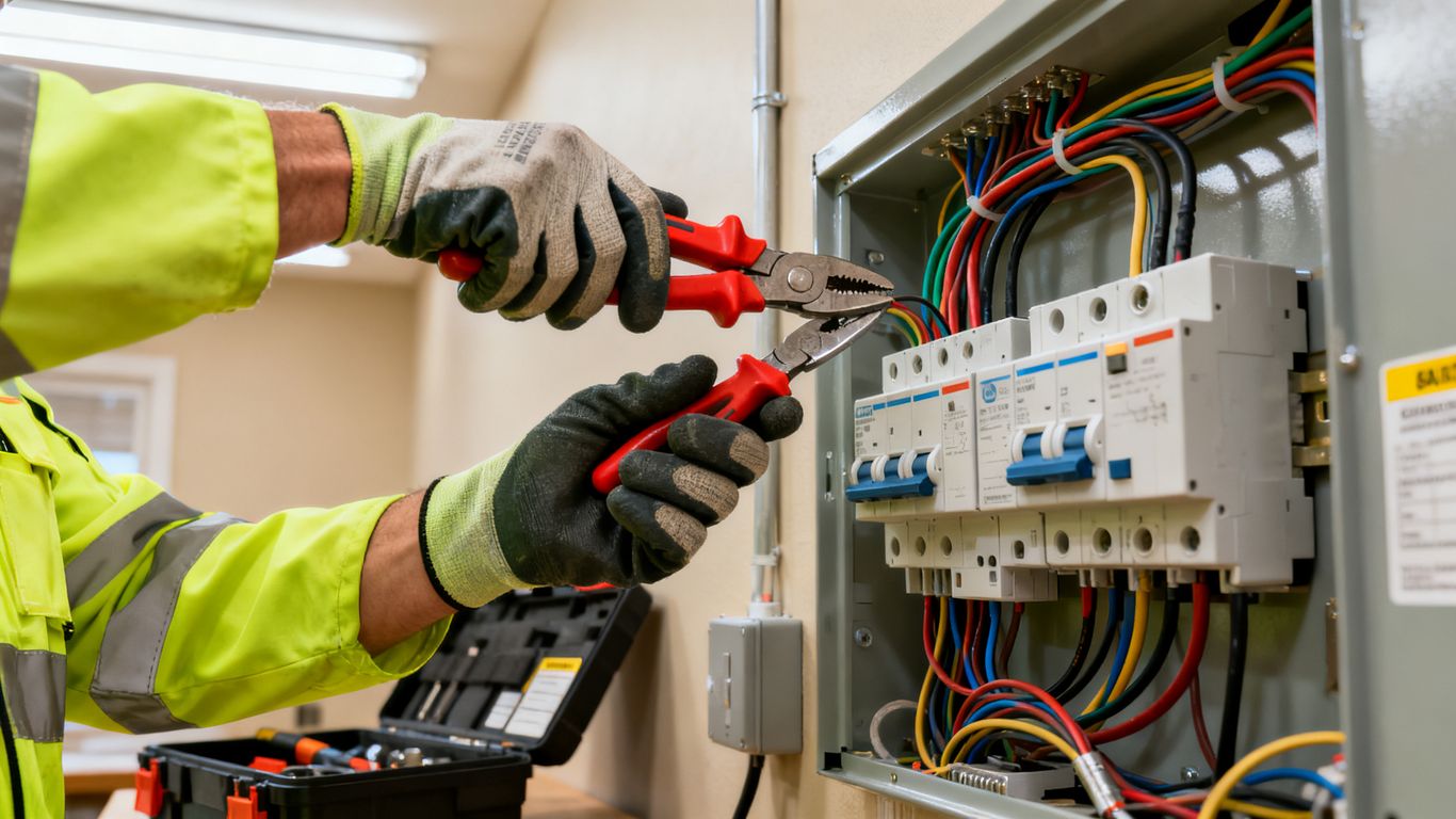 A professional electrician working on a modern circuit panel