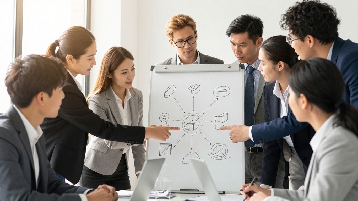 Business people planning growth strategy around a table.