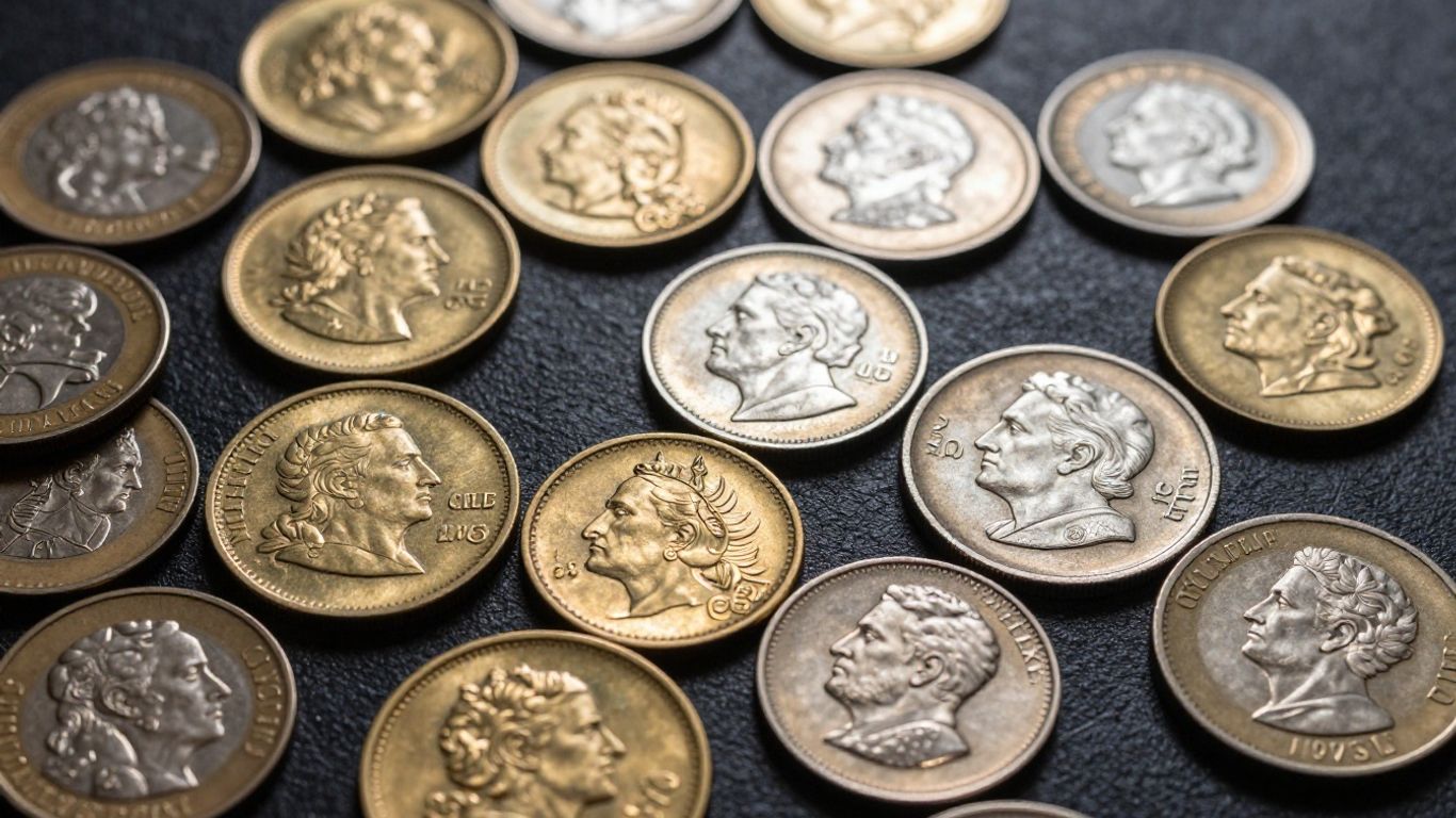 Assortment of valuable gold and silver coins.
