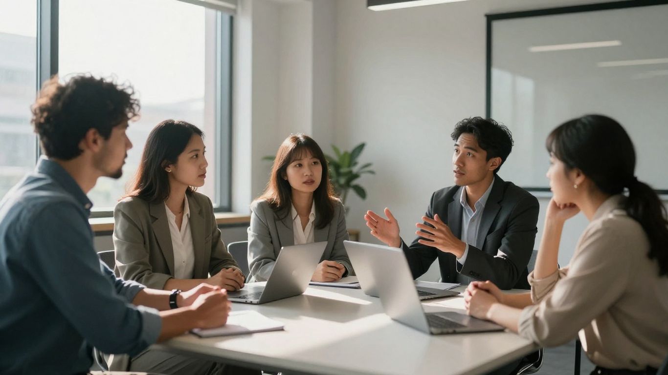 Oameni discutând într-un birou modern.