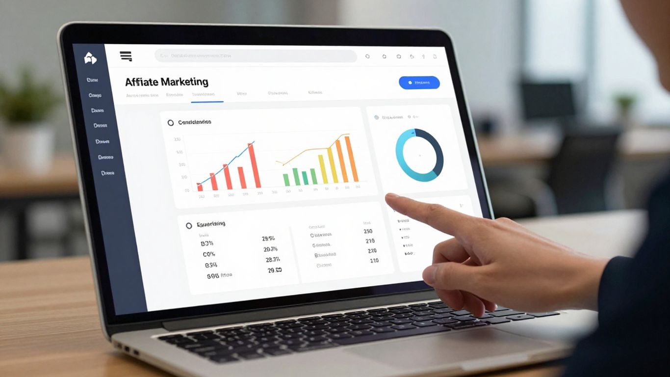 Affiliate marketing dashboard on a laptop screen.