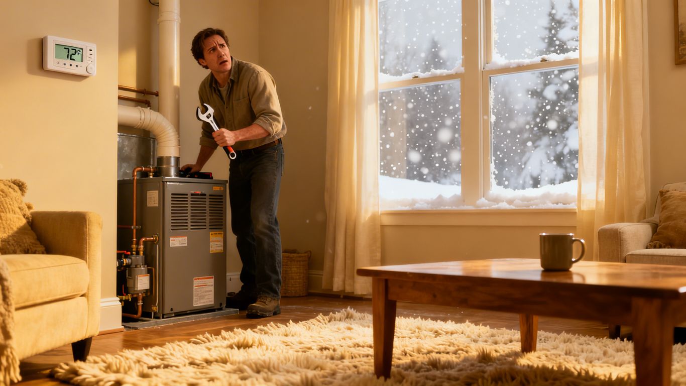 Person fixing furnace with snow outside window.