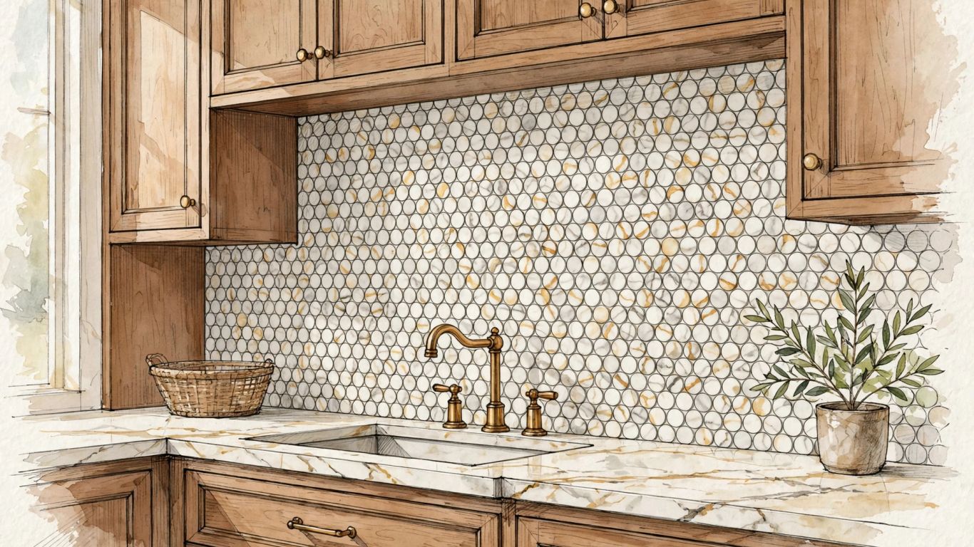 Calacatta gold penny round mosaic backsplash detail